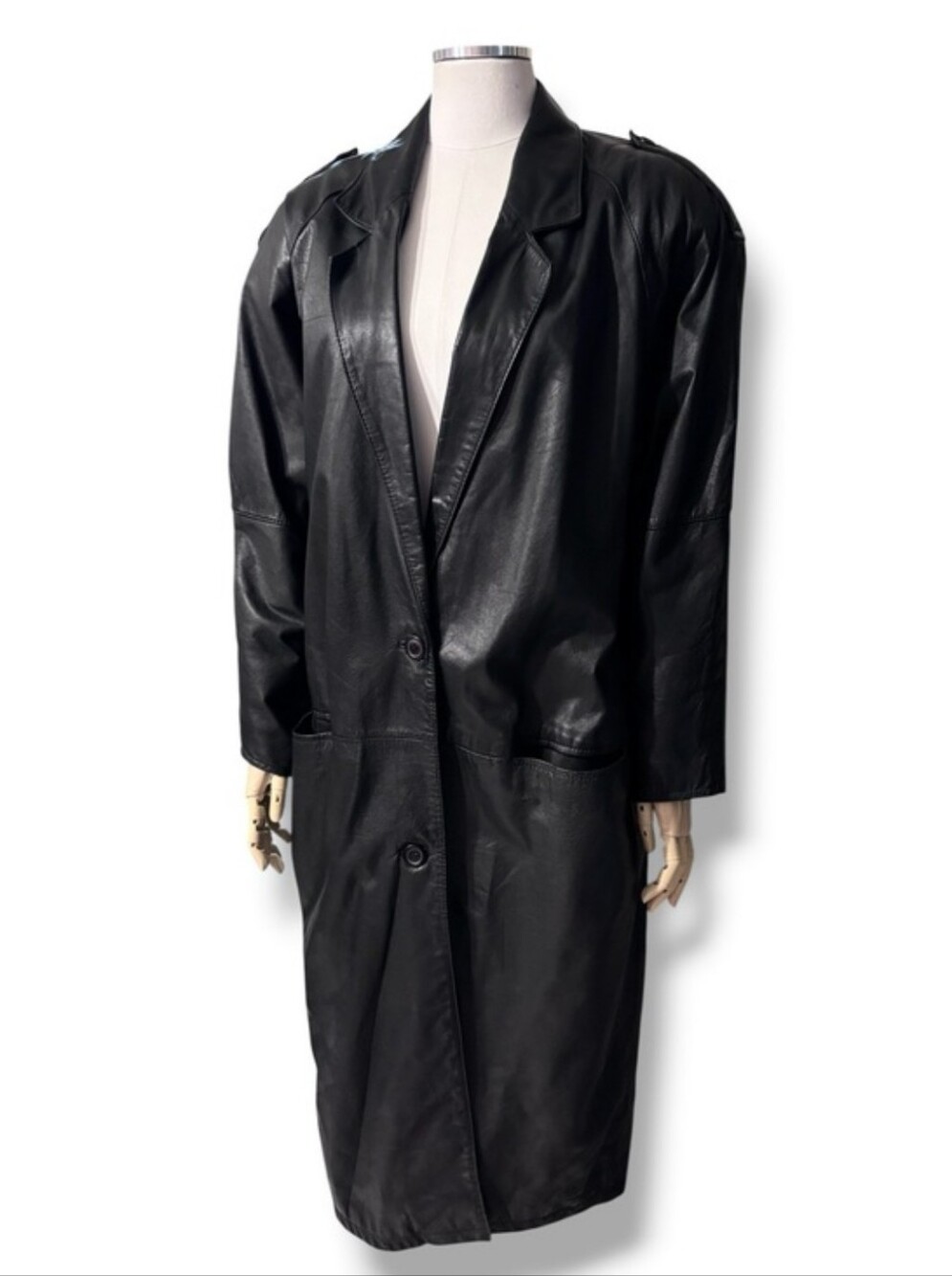 SPLIT END LTD. Black Leather Cocoon Trench Coat VINTAGE 1980s Size Small